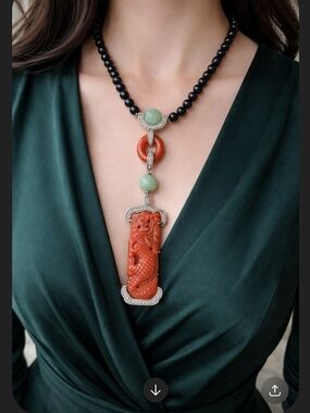 Vintage Jade, Onyx & Coral Dragon Statement Necklace – Sterling Silver & CZ Acce